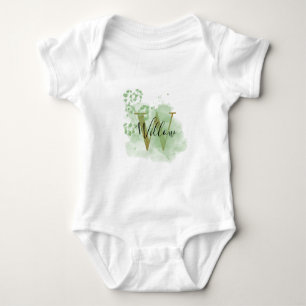 Personalized Green Watercolor & Floral Initial  Baby Bodysuit