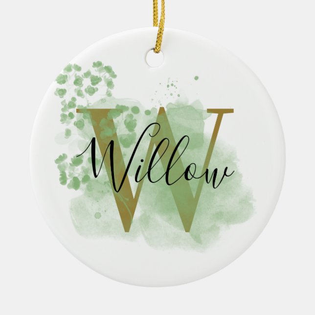 Personalized Green Watercolor & Floral Initial Ceramic Ornament (Front)