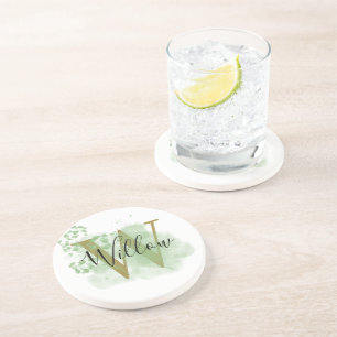 Personalized Green Watercolor & Floral Initial Coaster