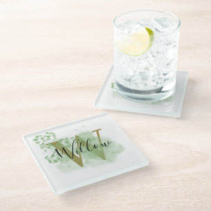 Personalized Green Watercolor & Floral Initial  Glass Coaster