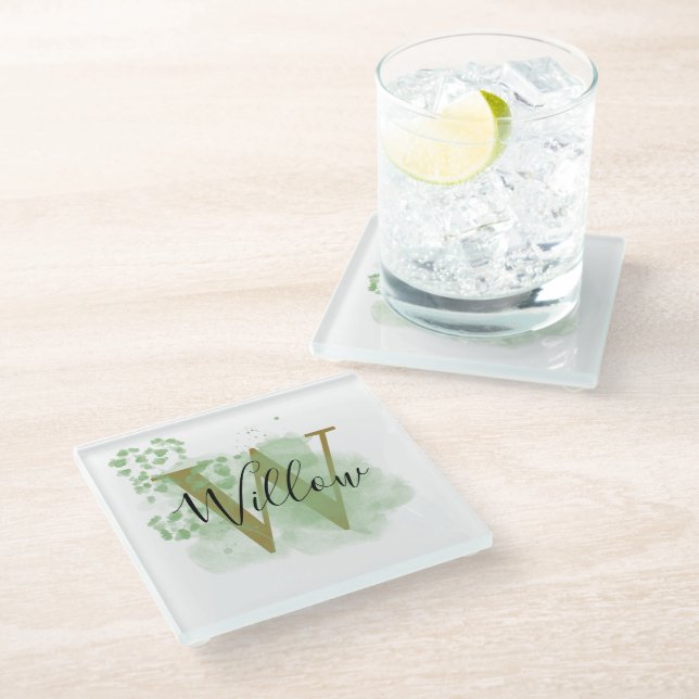 Personalized Green Watercolor & Floral Initial  Glass Coaster (Angled)
