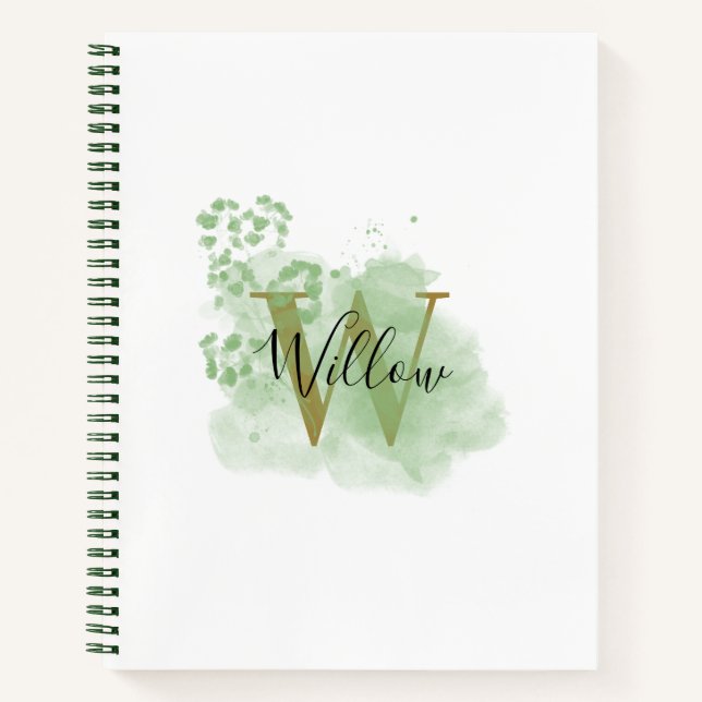 Personalized Green Watercolor & Floral Initial Notebook (Front)