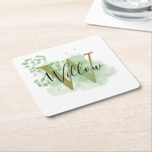 Personalized Green Watercolor & Floral Initial Square Paper Coaster