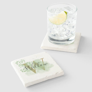 Personalized Green Watercolor & Floral Initial Stone Coaster