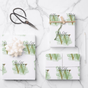 Personalized Green Watercolor & Floral Initial Wrapping Paper Sheet