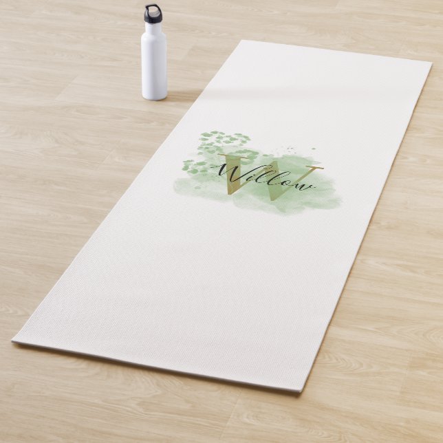 Personalized Green Watercolor & Floral Initial Yoga Mat (In Situ)