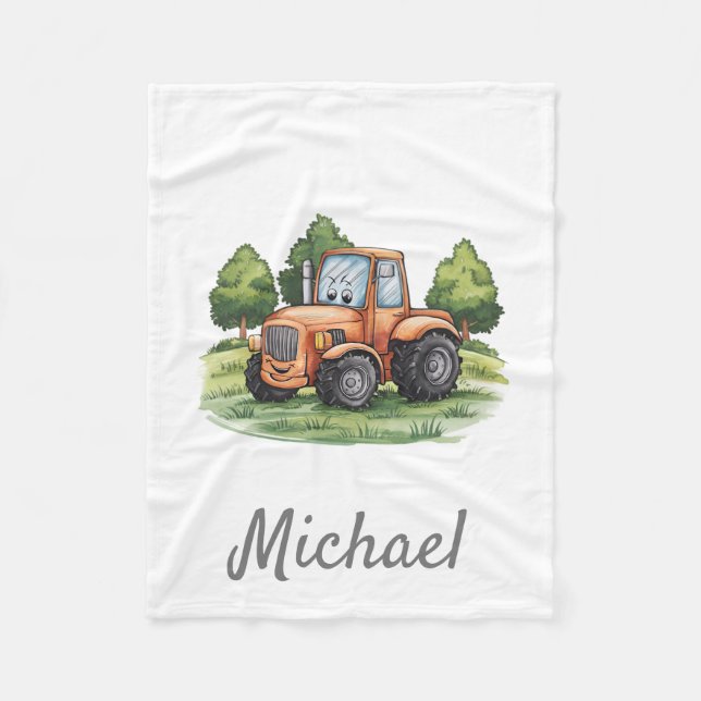 Personalized Green Watercolor Tractor  Fleece Blanket (Front)