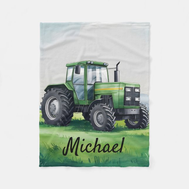 Personalized Green Watercolor Tractor  Fleece Blanket (Front)
