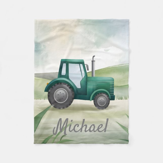Personalized Green Watercolor Tractor  Fleece Blanket (Front)