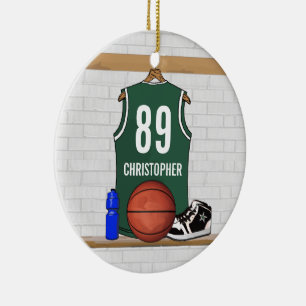Personalized Green White Basketball Jersey Ceramic Ornament