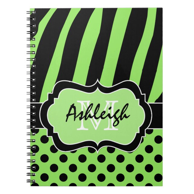 Personalized Green White Black Striped Polka Dots Notebook (Front)
