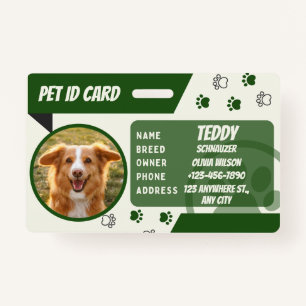 Personalized Green White Dog Card Photo ID Badge