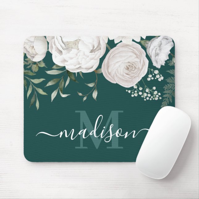 Personalized Green White Floral Name Monogram Mouse Pad (With Mouse)