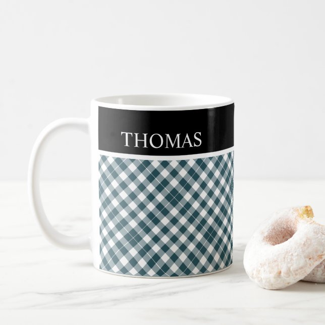 Personalized Green White Gingham Custom Name Coffee Mug (With Donut)