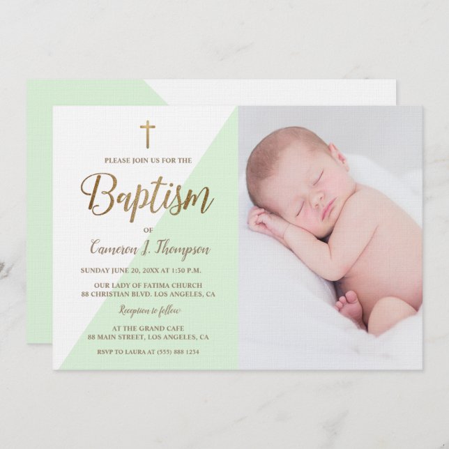 Personalized Green White Gold Baptism baby photo Invitation (Front/Back)