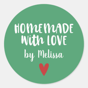Personalized Green White Homemade With Love Classic Round Sticker