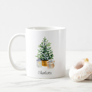 Personalized Green White Minimal Christmas Tree Coffee Mug
