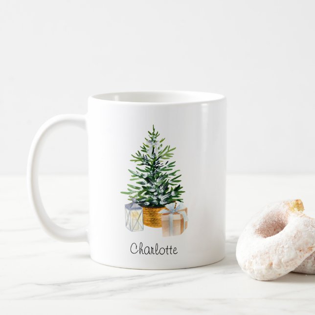 Personalized Green White Minimal Christmas Tree  Coffee Mug (With Donut)