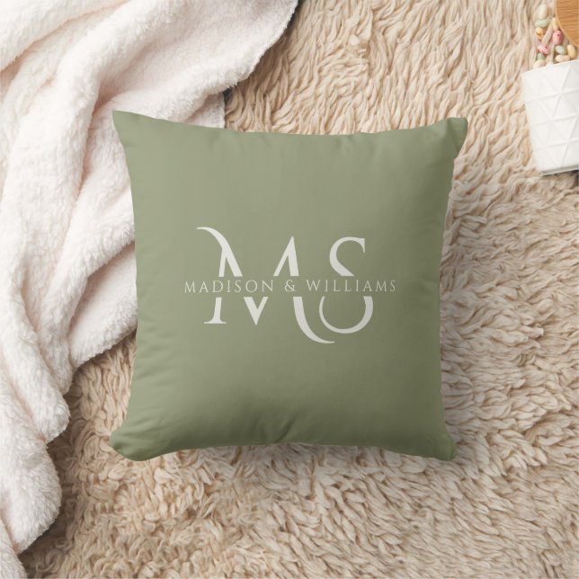 Personalized Green White Monogram Initial & Name  Throw Pillow (Blanket)