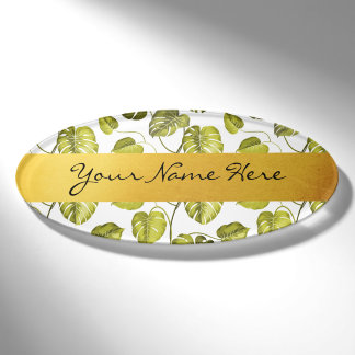 Personalized Green & White Monstera Palm Leaves Name Tag