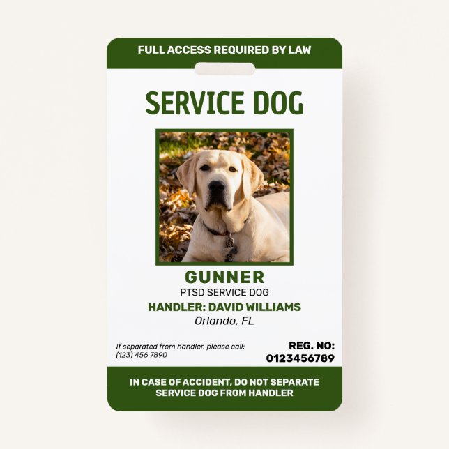 Personalized Green White Service Dog Photo ID Badg Badge (Front)