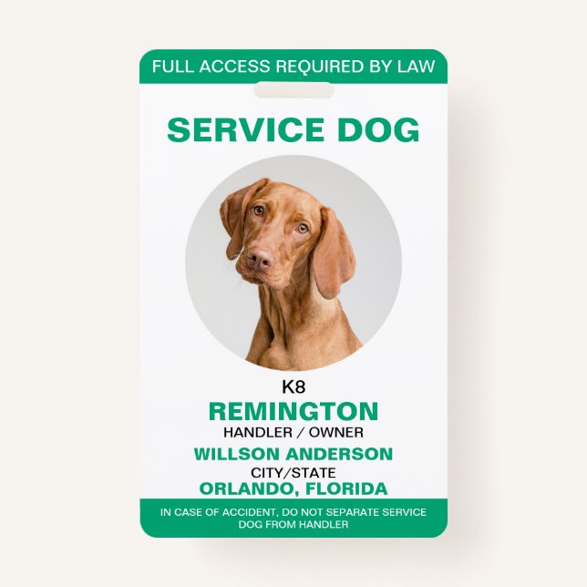 Personalized green White Service Dog Photo ID Badge (Front)