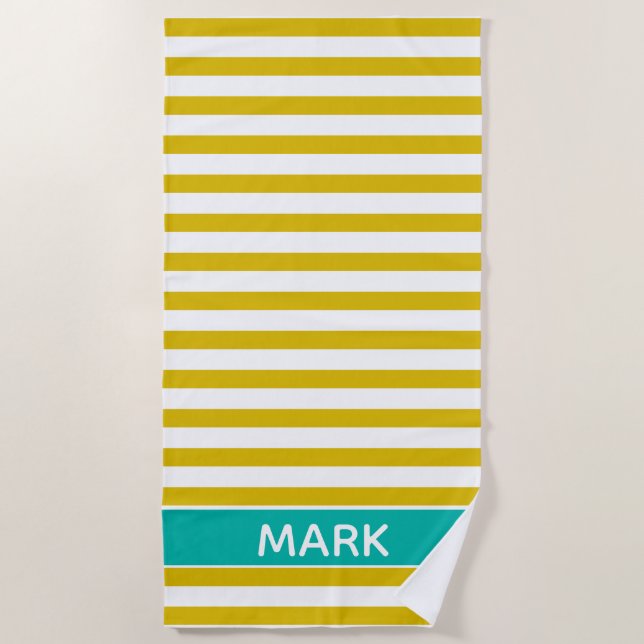 Personalized Green Yellow And White Cabana Stripe Beach Towel (Front)