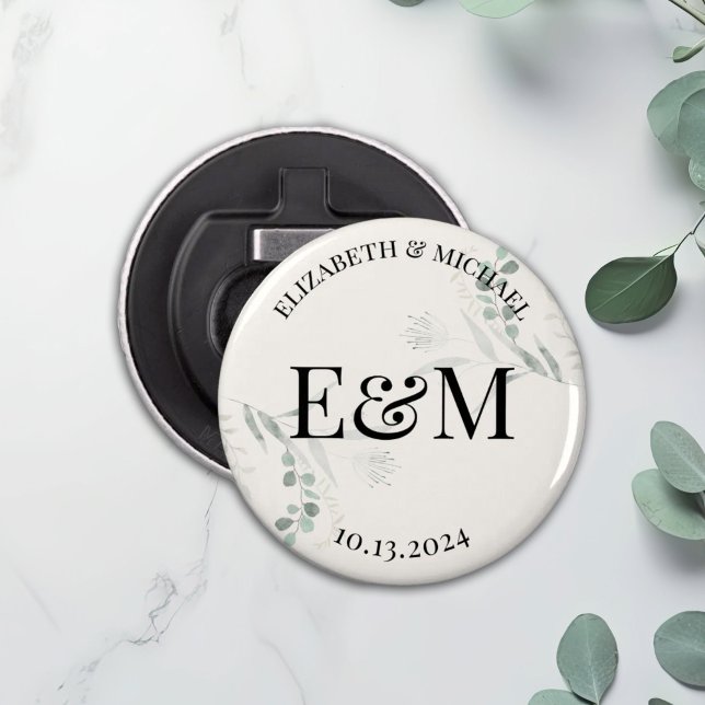Personalized Greenery Branch Wedding Favour Button Bottle Opener (Creator Uploaded)