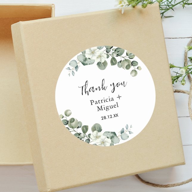 Personalized Greenery Eucalyptus Wedding Thank You Classic Round Sticker (Creator Uploaded)