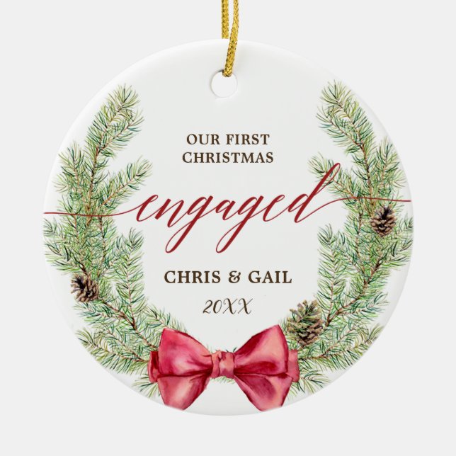 Personalized Greenery First Christmas Engaged Ceramic Ornament (Front)