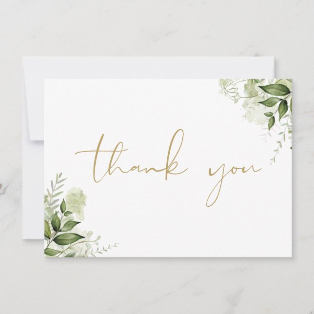 Personalized Greenery Floral Elegant Gold Script Thank You Card (Front)