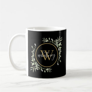 Personalized Greenery Gold Monogram Script Black Coffee Mug