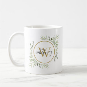 Personalized Greenery Gold Monogram Script Coffee Mug