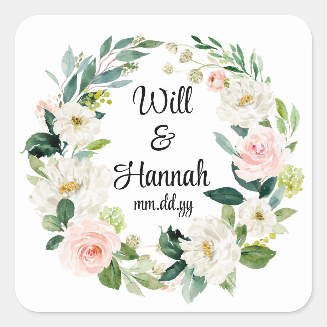 Personalized Greenery Wedding Reception Favour Square Sticker (Front)