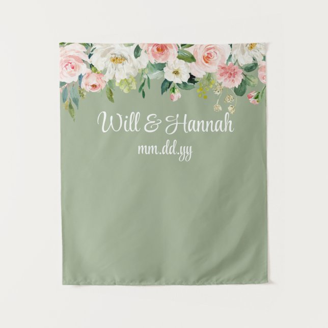 Personalized Greenery Wedding Reception Photo Prop Tapestry (Front)