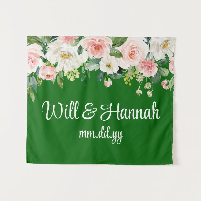 Personalized Greenery Wedding Reception Photobooth Tapestry (Front (Horizontal))