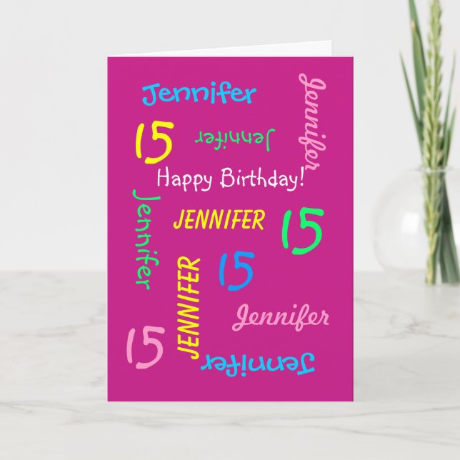 Personalized Greeting Card Name 15th Birthday Pink (Front)