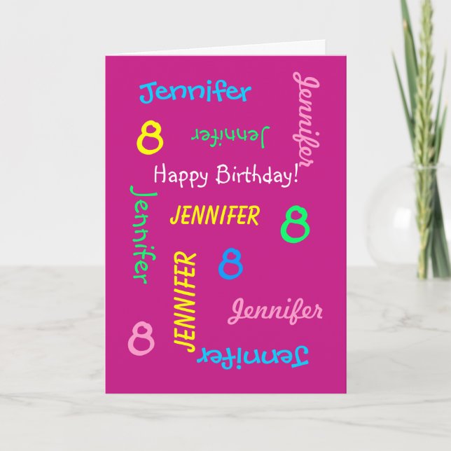 Personalized Greeting, Name, 8th Birthday, Pink Card (Front)
