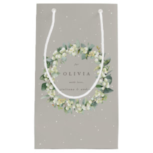 Personalized Greige Snowberry+Eucalyptus Wedding Small Gift Bag