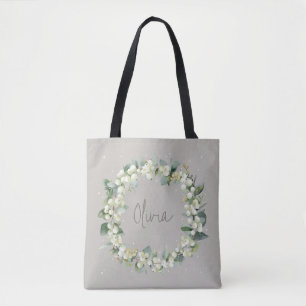 Personalized Greige Snowberry+Eucalyptus Wedding Tote Bag