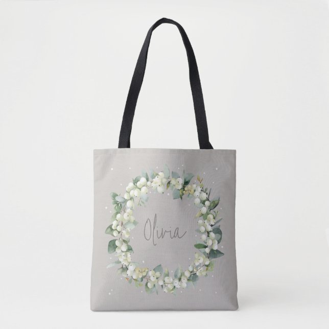 Personalized Greige Snowberry+Eucalyptus Wedding Tote Bag (Front)
