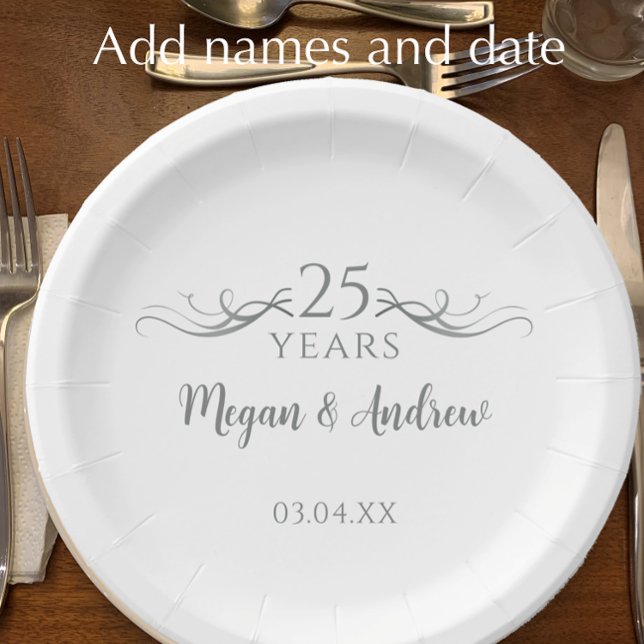 Personalized Grey 25th Wedding Anniversary Party Paper Plate (Elegant personalized silver 25th wedding anniversary party paper plates.
)