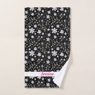 Personalized Grey and Black Flower Pattern Hand Towel