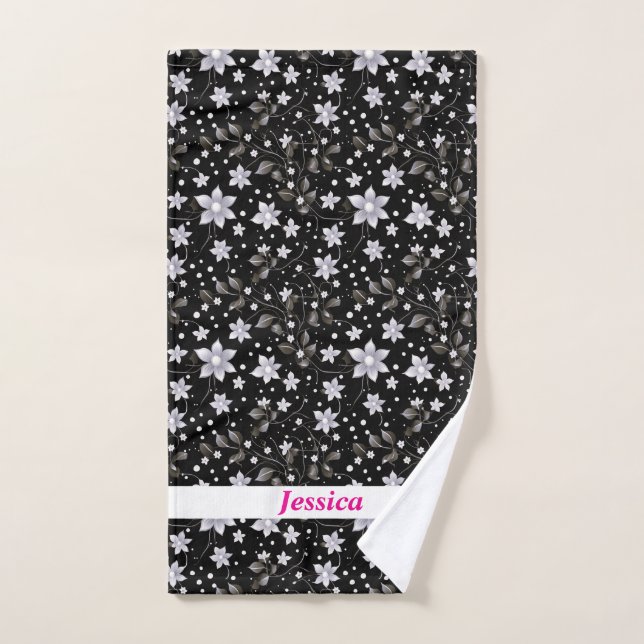 Personalized Grey and Black Flower Pattern Hand Towel (Hand Towel)