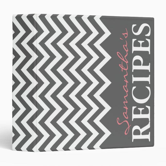 Personalized grey and coral chevron recipe binder (Front/Spine)