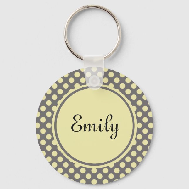 Personalized Grey and Cream Polka Dot  Keychain (Front)