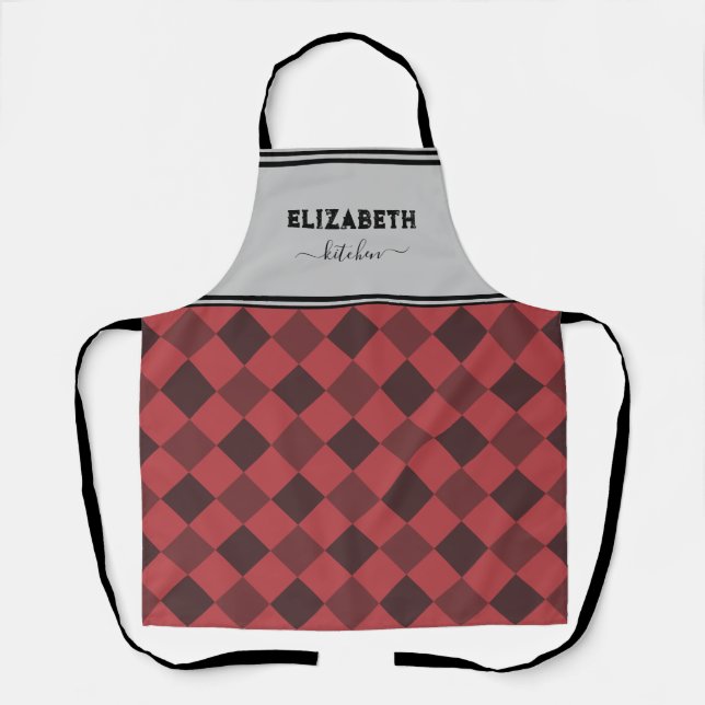 Personalized Grey And Red Buffalo Plaid Kitchen Apron (Front)