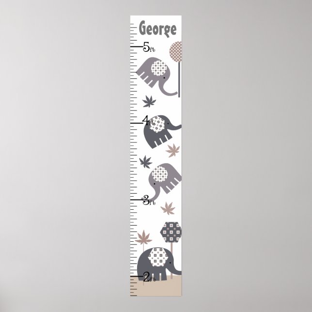 Personalized Grey and Tan Elephants Growth Chart (Front)