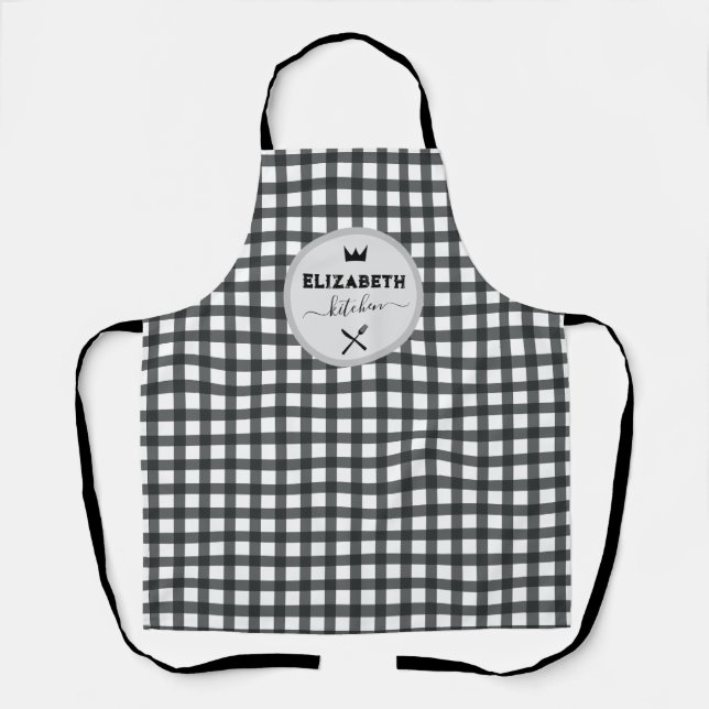 Personalized Grey and White Buffalo Plaid Kitchen Apron (Front)