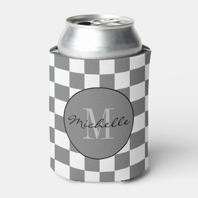 Personalized grey and white Chequerboard Pattern Can Cooler (Can Front)
